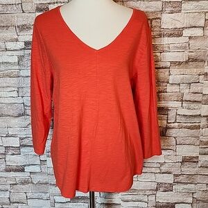Chico's Cotton Slub Vee Neck Top 3/4 Slv Basic Kn Orange